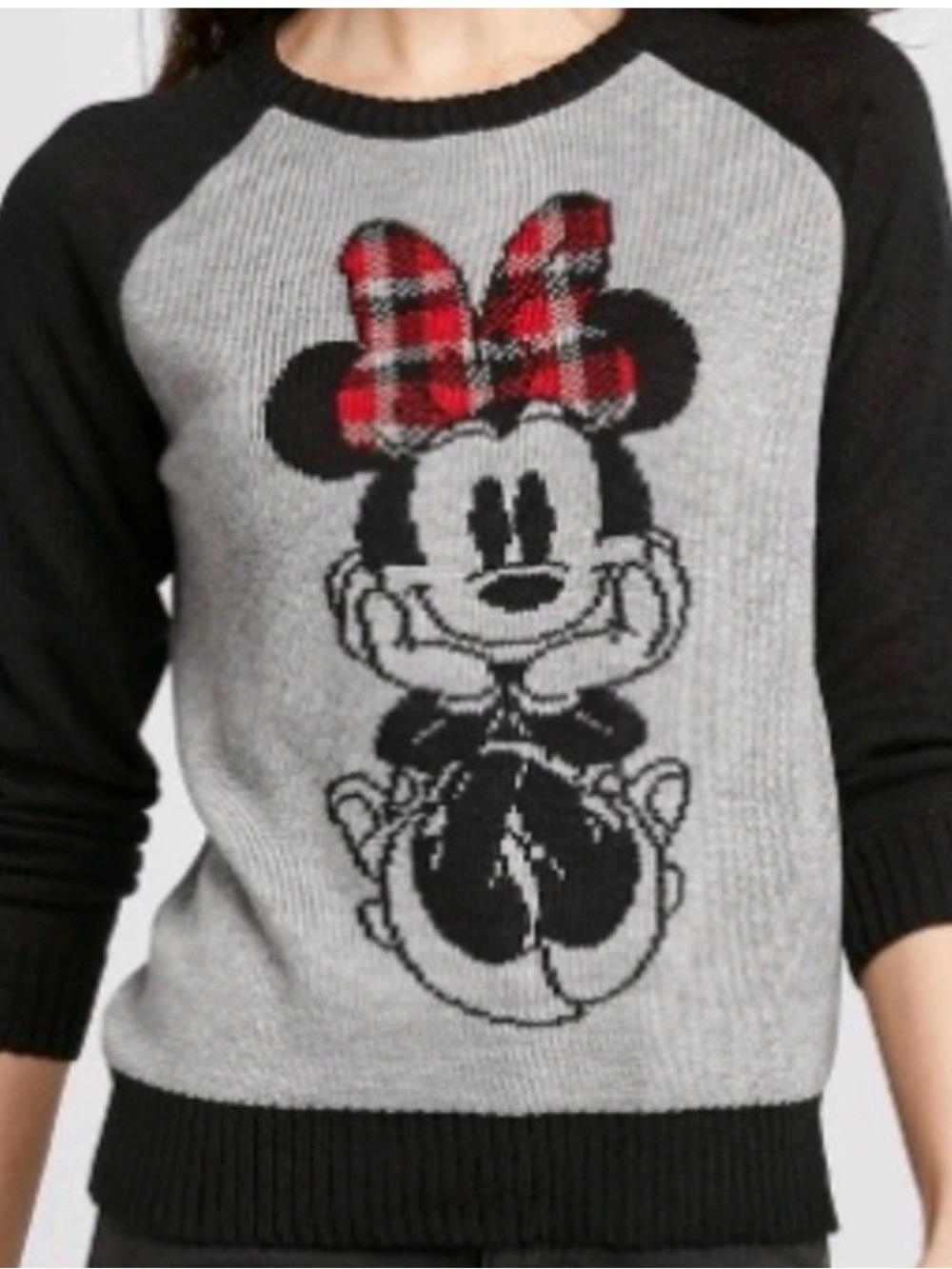 NWT Disney Minnie Mouse Buffalo Plaid Bow Knit Sweater XS Holiday Cozy Christmas - Picture 1 of 8